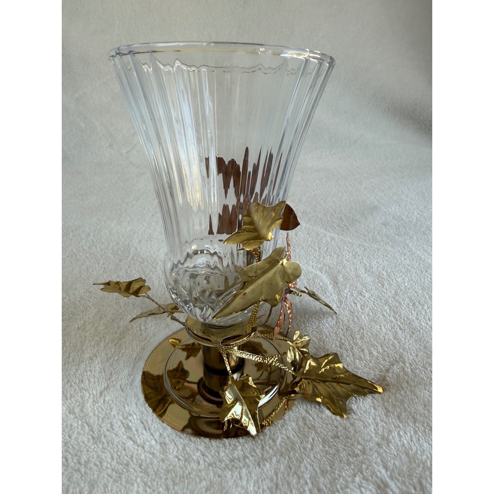Vintage Homco Glass Candle Votive Sconce Copper Gold Leaves Brass Base Fairy - Picture 6 of 9